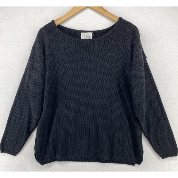 Eileen Fisher Sweaters - EILEEN FISHER Sweater 2 Crochet Boxy Drop Shoulder Pullover Black USA VTG